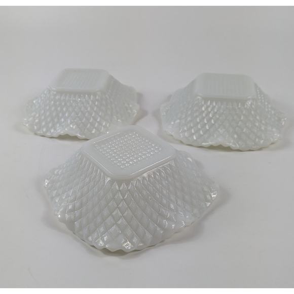 Hazel Atlas Candy Bowls Vtg Milk Glass Diamond Quilt Cut Home Decor MCM Ruffle - Picture 11 of 13